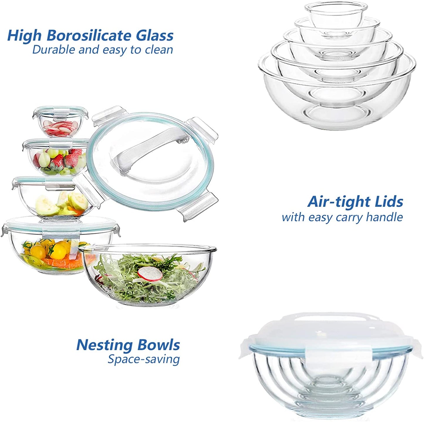 Glass Mixing Bowl with Lids Set of 5(0.2QT, 0.5QT, 1.1QT, 2.1QT, 3.75 QT)