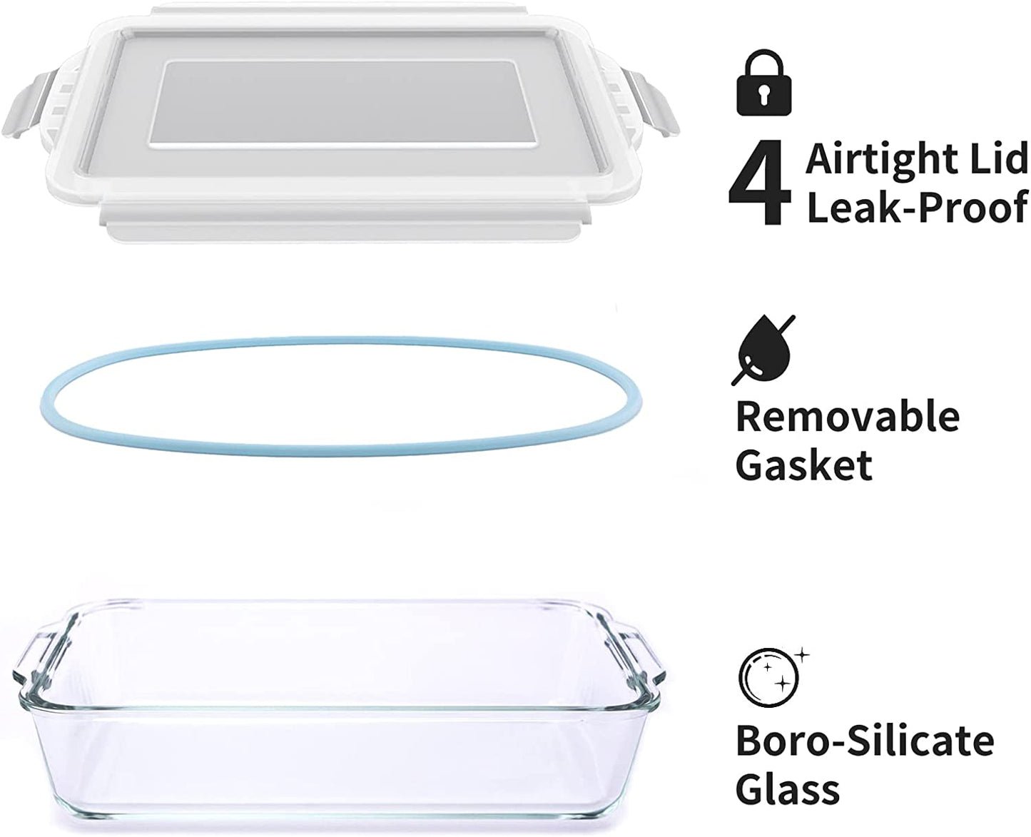 Glass Casserole Dish,2.3 qt Rectangular Baking Dish and 2 Pack Food Storage Container with Airtight Lid