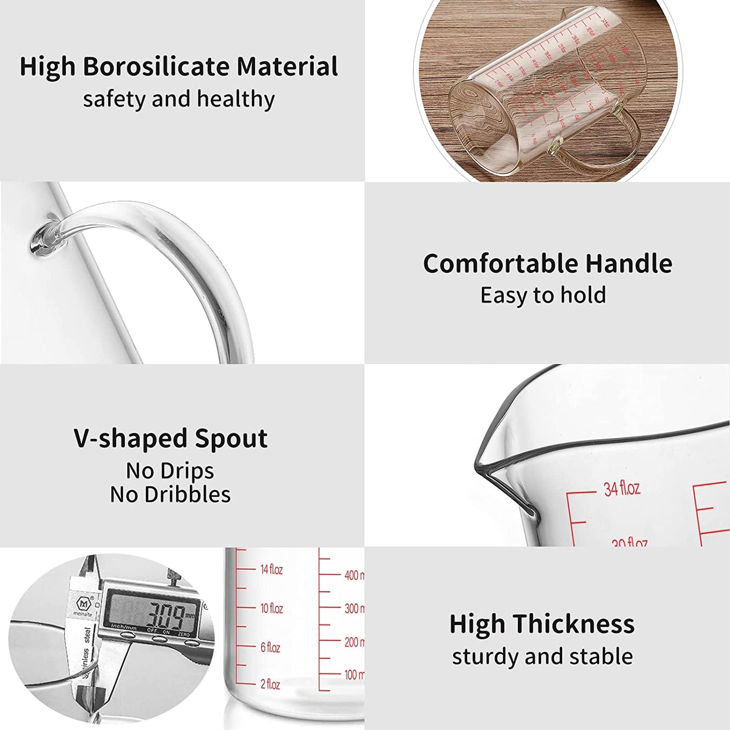 34oz/4 Cups Glass Measuring Cup, Easy to Read with 3 Measurement Scales (Ml/Oz/Cup)